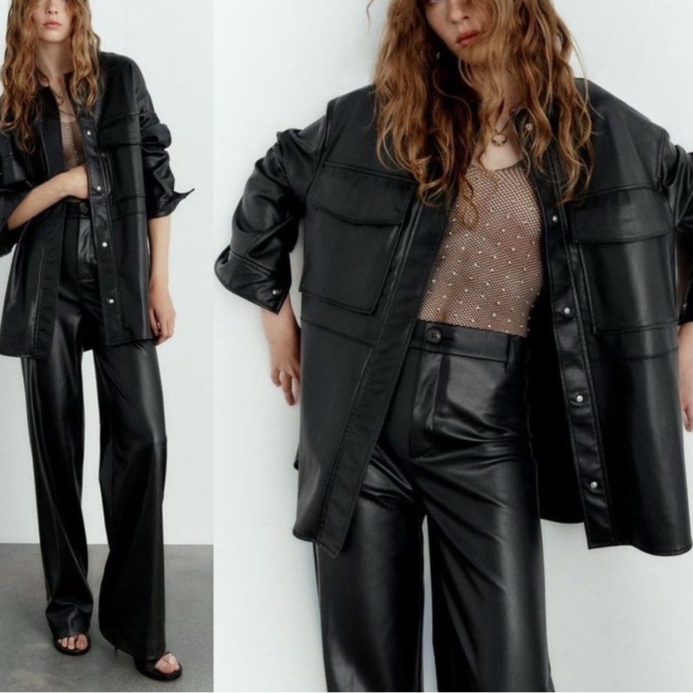 Zara Black Leather Oversized Shirt Size XS